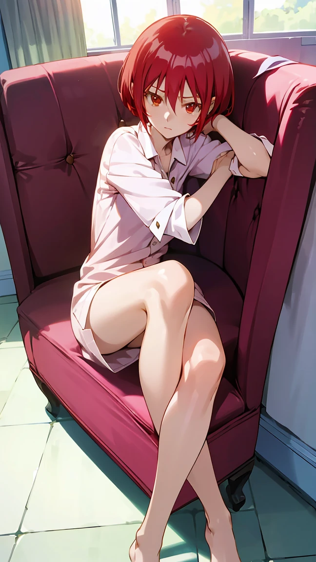 anime, a girl with red eyes laying in couch, red dark hair anime girl with short hair, anime visual of a cute girl, ethereal anime, beautiful anime girl, red eyes, anime best girl, pretty anime girl, clean detailed anime art, soft anime illustration, clear red eyes, cute natural anime face, flat chest, oversize polo shirt, perfect pose, perfect body shape, perfect hands, perfect leg