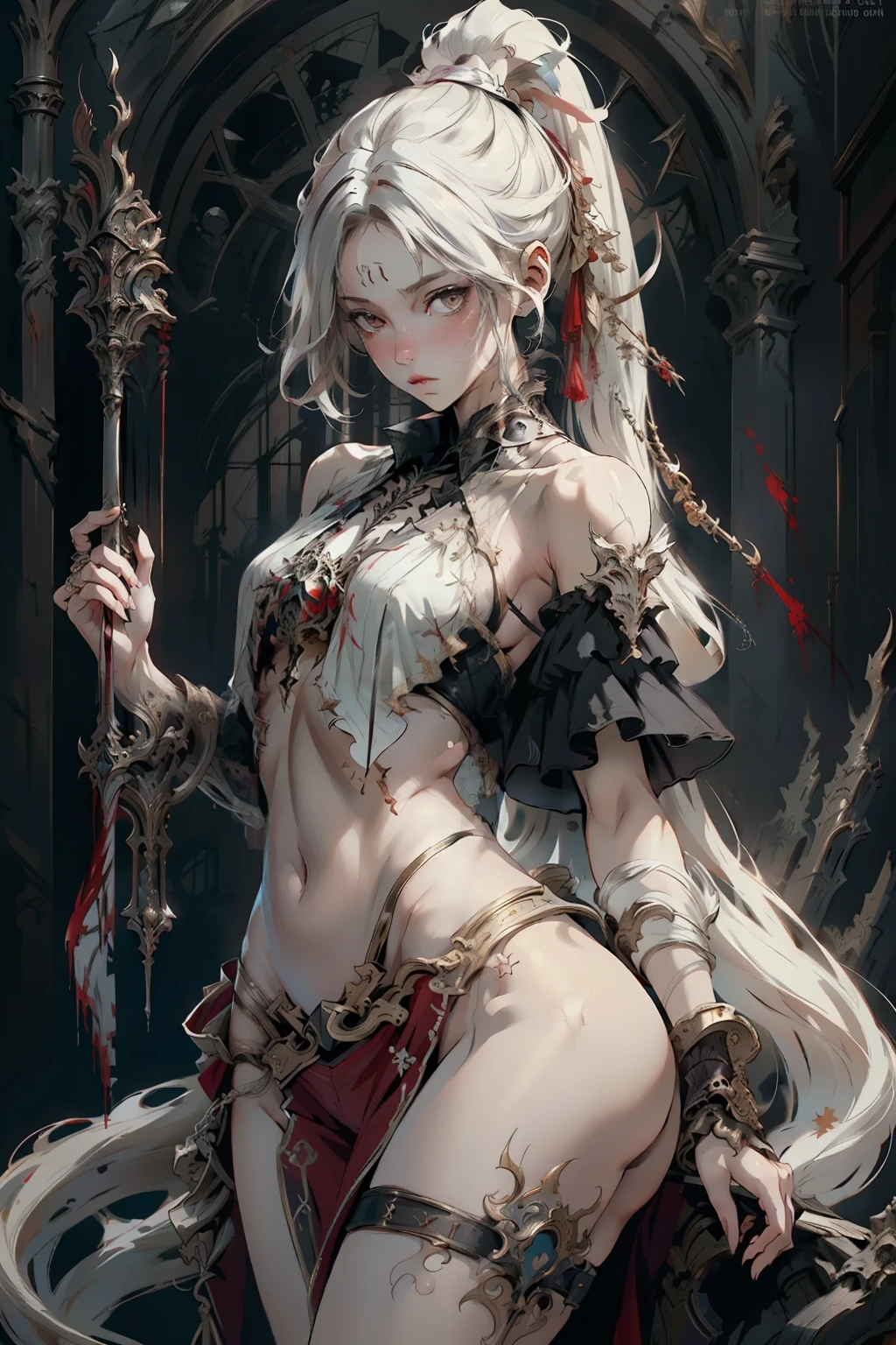  ((best quality)), ((masterpiece)), (detailed), 1girl, NSFW, small breasts, prominent collarbones, skinny arms, flat stomach, visible hip bones, long hair, ponytail, thick ponytail, heavy ponytail, red and white clothing, Bloodborne inspired, occult aesthetic, occult, detailed and intricate steampunk and detailed gothic 