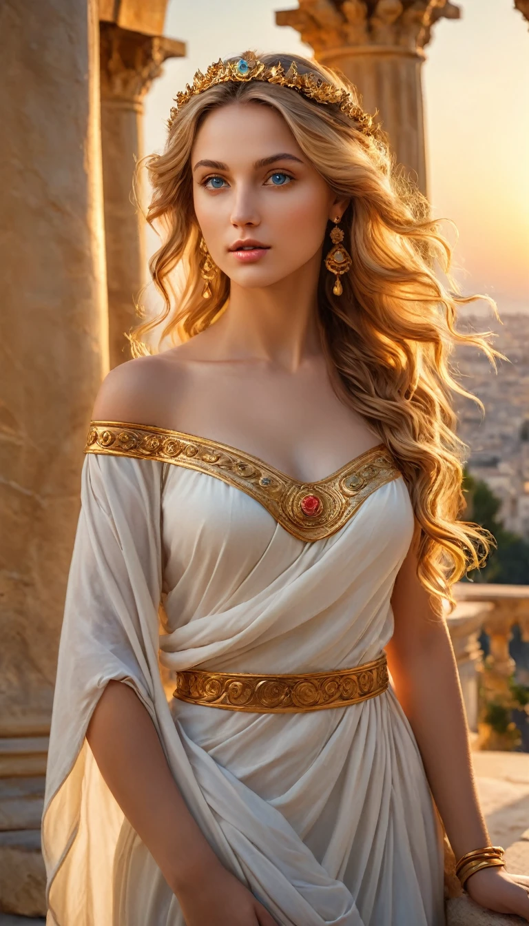 (best quality,4k,8k,highres,masterpiece:1.2), ultra-detailed, (realistic,photorealistic,photo-realistic:1.37), portraits, HDR, Greek mythology, beautiful goddess Venus portrait, perfect DNA, detailed eyes, detailed lips, stunning beauty, flowing golden hair,  perfect body, graceful pose, enchanting gaze, vibrant colors, soft lighting. ancient Greek deity, gazes directly into the camera's lens, flowing hair cascades over her shoulders, off-the-shoulder attire accentuating her grace, vivid colors, ancient temples and marble columns softly blurred in background, late afternoon Mediterranean light casting a warm glow on her porcelain skin, high-resolution image, digital painting, spiritual serenity, golden ratio composition. running away with paris.