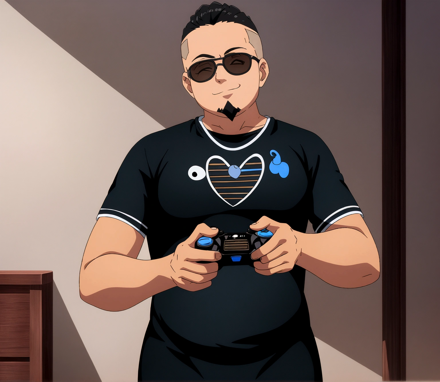 Dark-skinned man in black jacket and sunglasses standing on the street, undercut haircut, Bblack hair, holding a controller, with a full black goatee, natta, anime 8K foda, anime wallpaper 4k, 4K anime-style, 8K anime art wallpaper, anime wallpaper 4k, anime wallpaper 4k, 4K cartoon wallpaper, best anime 4K Konachan Wallpaper Konachan Wallpaper 4K, 4K anime art wallpaper, 4K anime art wallpaper