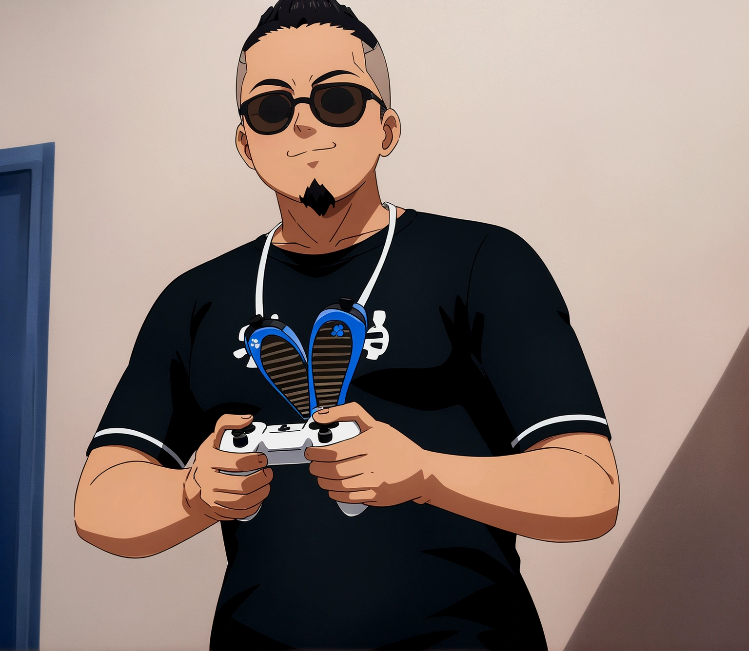 Dark-skinned man in black jacket and sunglasses standing on the street, undercut haircut, Bblack hair, holding a controller, with a full black goatee, natta, anime 8K foda, anime wallpaper 4k, 4K anime-style, 8K anime art wallpaper, anime wallpaper 4k, anime wallpaper 4k, 4K cartoon wallpaper, best anime 4K Konachan Wallpaper Konachan Wallpaper 4K, 4K anime art wallpaper, 4K anime art wallpaper