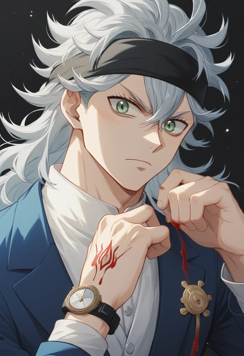 A 19 year old boy, To stay (black clover), spiky hair, messy hair, hair between the eyes, light cream hair, for white, green eyes, black headband, thin arms, upset expression, Un chaleco blue suit with stripes, Una camisa de vestir azul claro con las mangas arremangadas hTo stay los codos., Pants matching the vest.., blue suit with stripes, He wears a watch on his left wrist.., many tattoos on the forearms, elegant and casual clothing, epic hike, blood on more hands, alone, black background