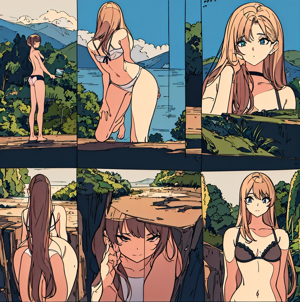 a girl crouches on a rock near the water in front of her navel flat chest, the back view of a lady in tight panties on her phone device and showing off her back, four pictures with different expressions in the same drawing style each shows one woman and two other girls, a few cartoon images of the same female character that i'm not sure what this is, a young girl touching her stomach and her breasts, a collection of sketches of several women, two pages show a woman in underwear next to another girl wearing a thongy panties