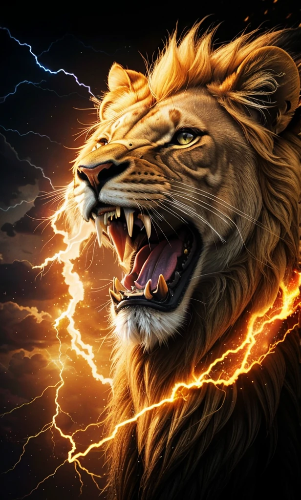 Lion, Divine Lion, naturals, thunder, Realistic Lion, rey, realistic detailed, Sunset light, sky, Sol noturno, realistic detailed 16K, Eletricidade Detalhada 8K, Darkness Background, Texturas realistas de 8K, Cores photorrealistic 8K, fire azul, realistic detailed Fire Bolt, sky Light Detailed, Power of thunder, Realistic Divine, gold color, Divine gold, Golden light, naturey, Linda, Rendering, photorrealistic, UltraHigh definition, 4K, detailed textures, thunder, detailed shadows, detailed colors, neon blue, blue light, lightning strikes, blue power, naturey Linda, Great Divine, peaceful face, naturalss, lightning strike, Electric Power Screw, detailed contrast, realistic contrast, high resolution, detailed colors, fire, villany, divine creature, 8K FullHD, realistic detailed, 16K, 8K, High definition, detailed contrast, realistic contrast, high resolution, detailed colors, fire, villany, divine creature, 8K Realistic Lion Face, realistic detailed, chic, elegance
