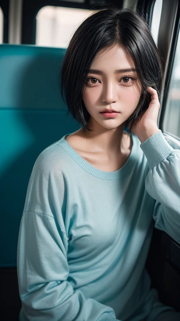 ((High quality, 8k, perfect quality, realistic)), beautiful, ((black and cyan hair color, short hair)), sitting inside the bus, journey back home, sad face, staring out of the bus window, ((Indonesia)), adult, Indonesian region, ((realistic, facial texture))