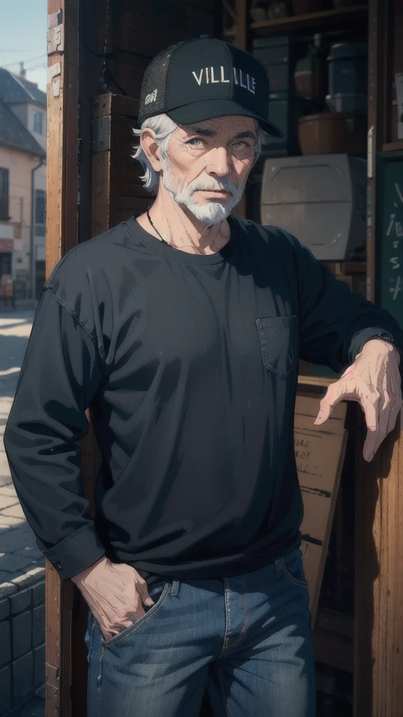 ((best quality)), ((masterpiece)), (detailed), one man, beard, trucker cap on head. bold, friendly face, black shirt, blue jeans, older man, villager, portrait picture, standing neutral