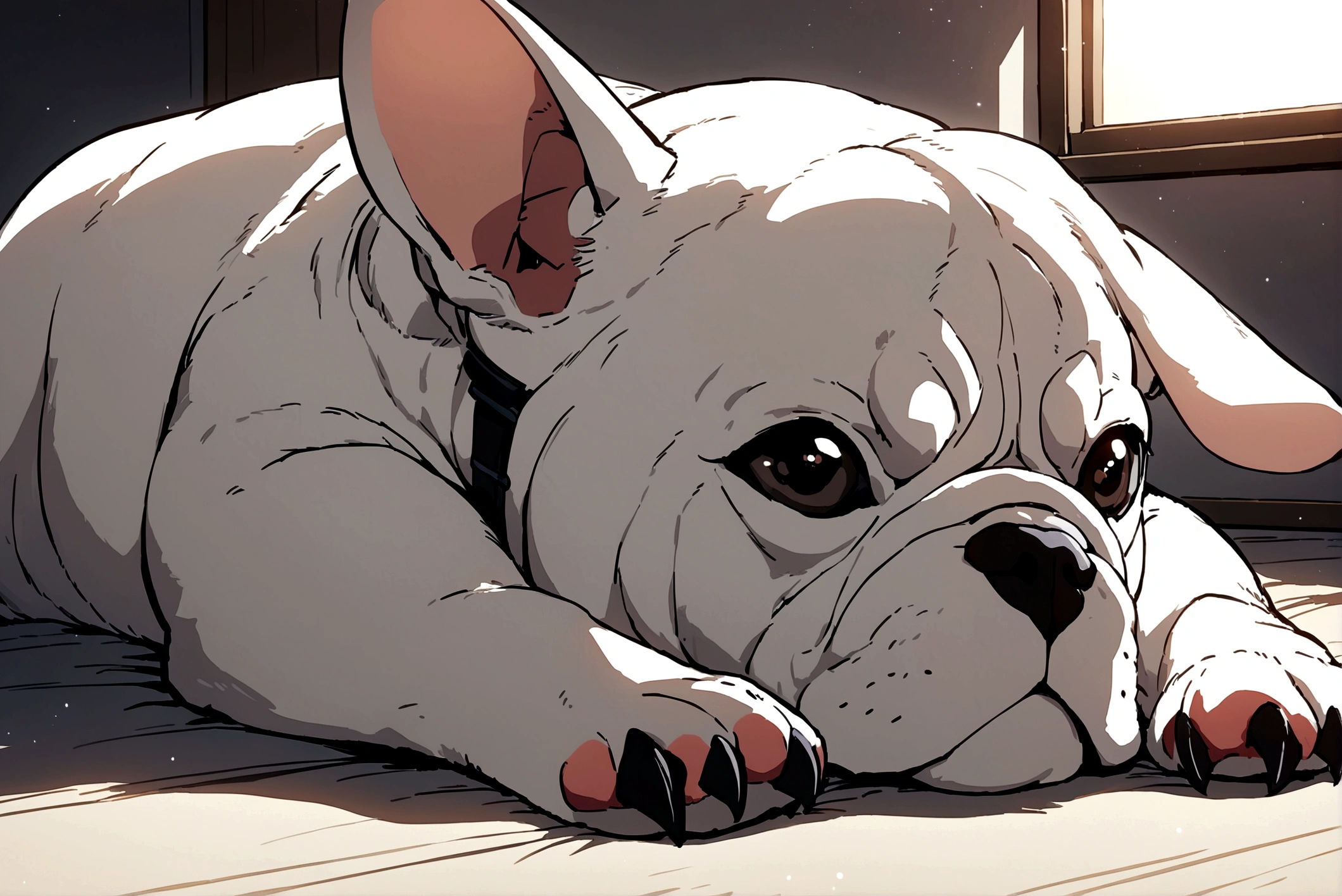 solo、Lying、indoor、No humans、window、animal、French Bulldog、animalフォーカス、Anime Style ，masterpiece，Highest quality