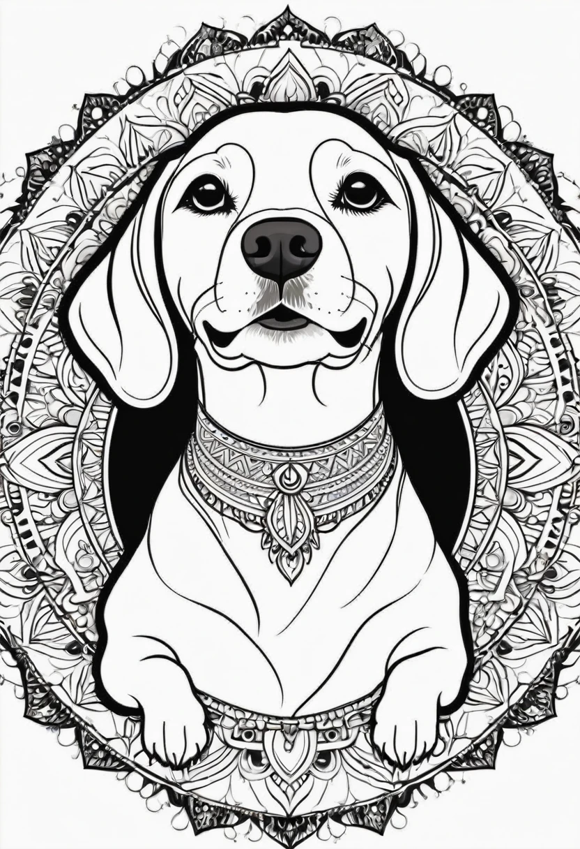 happy white and black Beagle, Simplified Mandala style, outline, vector, white background