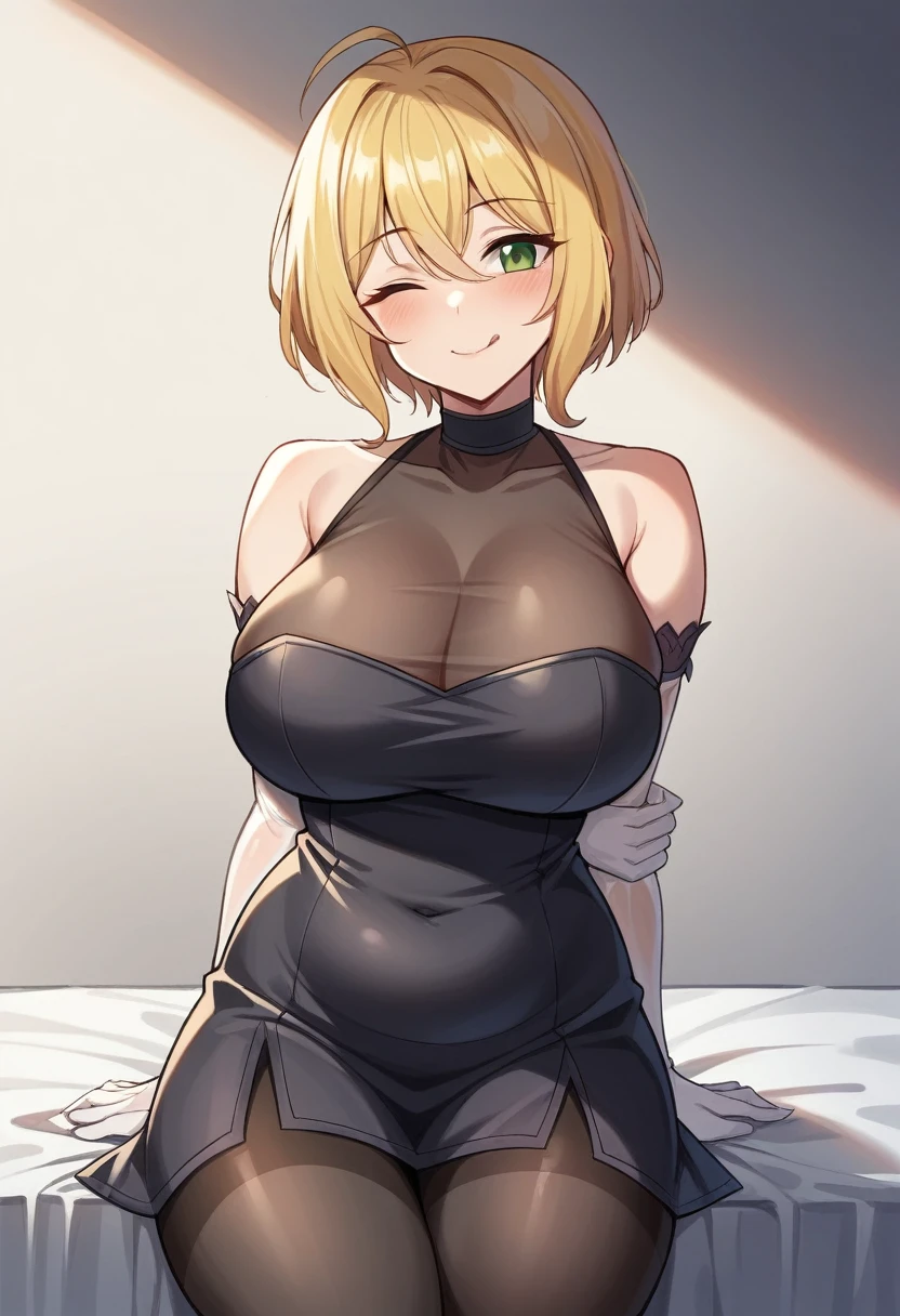 （One girl）、(short hair)、(sidelock)、((Blonde))、Princess Connect、((boyish))、huge breasts、Chubby、(beautiful girl)、[Big thighs]、Green Eyes、(Healer)、Black Vest、black leggings、White sleeveless、[hairs between eyes]、(long gloves)、closed mouth、wink、((see-through))、arm behind back