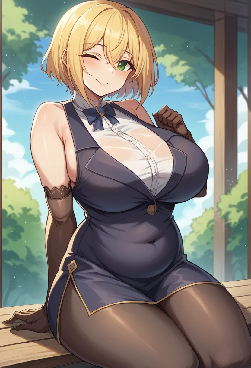 （One girl）、(short hair)、(sidelock)、((Blonde))、Princess Connect、((boyish))、huge breasts、Chubby、(beautiful girl)、[Big thighs]、Green Eyes、(Healer)、Black Vest、black leggings、White sleeveless、[hairs between eyes]、(long gloves)、closed mouth、wink、((see-through))、arm behind back