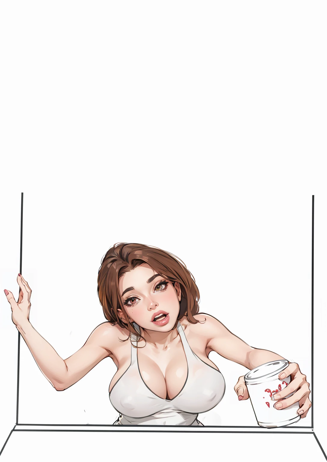 a beautiful woman artwork ultra detailed artwork, woman 32 years old beautiful face whim,very well lit perfect skin beautiful mouth lipstick with an expanding face,SURPRISE,pleasure,ultra detailed dark brown hair.Natural brightness,very hot perfect body ,very hot huge breasts big breasts ,huge breasts drawing curves( volu )regata branca volu dos mamilo,holding a can with his hand
