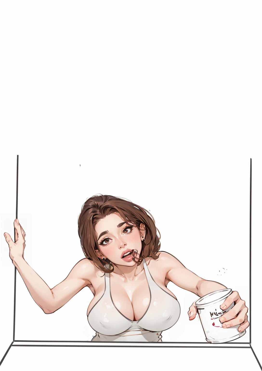 a beautiful woman artwork ultra detailed artwork, woman 32 years old beautiful face whim,very well lit perfect skin beautiful mouth lipstick with an expanding face,SURPRISE,pleasure,ultra detailed dark brown hair.Natural brightness,very hot perfect body ,very hot huge breasts big breasts ,huge breasts drawing curves( volu )regata branca volu dos mamilo,holding a can with his hand