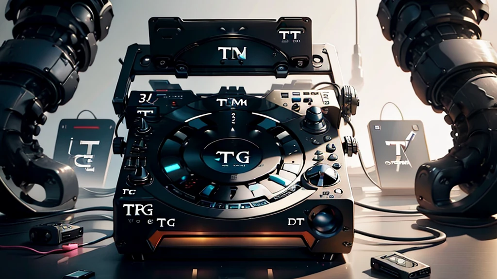 (DTG: 1.8), (DTG letters: 1.8), (Three letters: 1.8), DJ set, Music, cassette, CD Player, Futuristic device for music playing, Music reproducer, Lo-fi, writing, abstract, colorful, high resolution, high quality, neon colors, dark grey background, black grey grdient