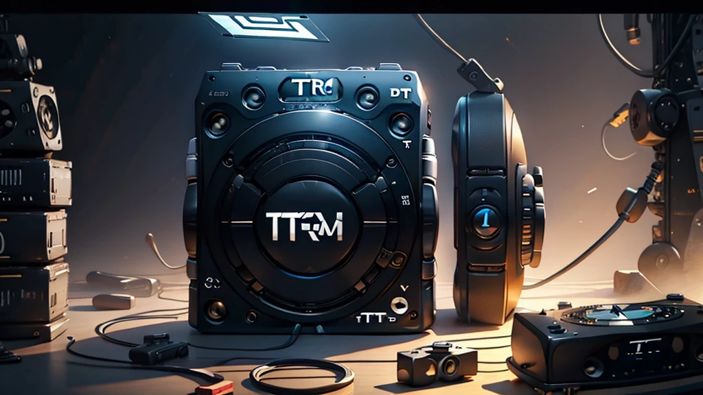 (DTG: 1.8), (DTG letters: 1.8), (Three letters: 1.8), DJ set, Music, cassette, CD Player, Futuristic device for music playing, Music reproducer, Lo-fi, writing, abstract, colorful, high resolution, high quality, neon colors, dark grey background, black grey grdient
