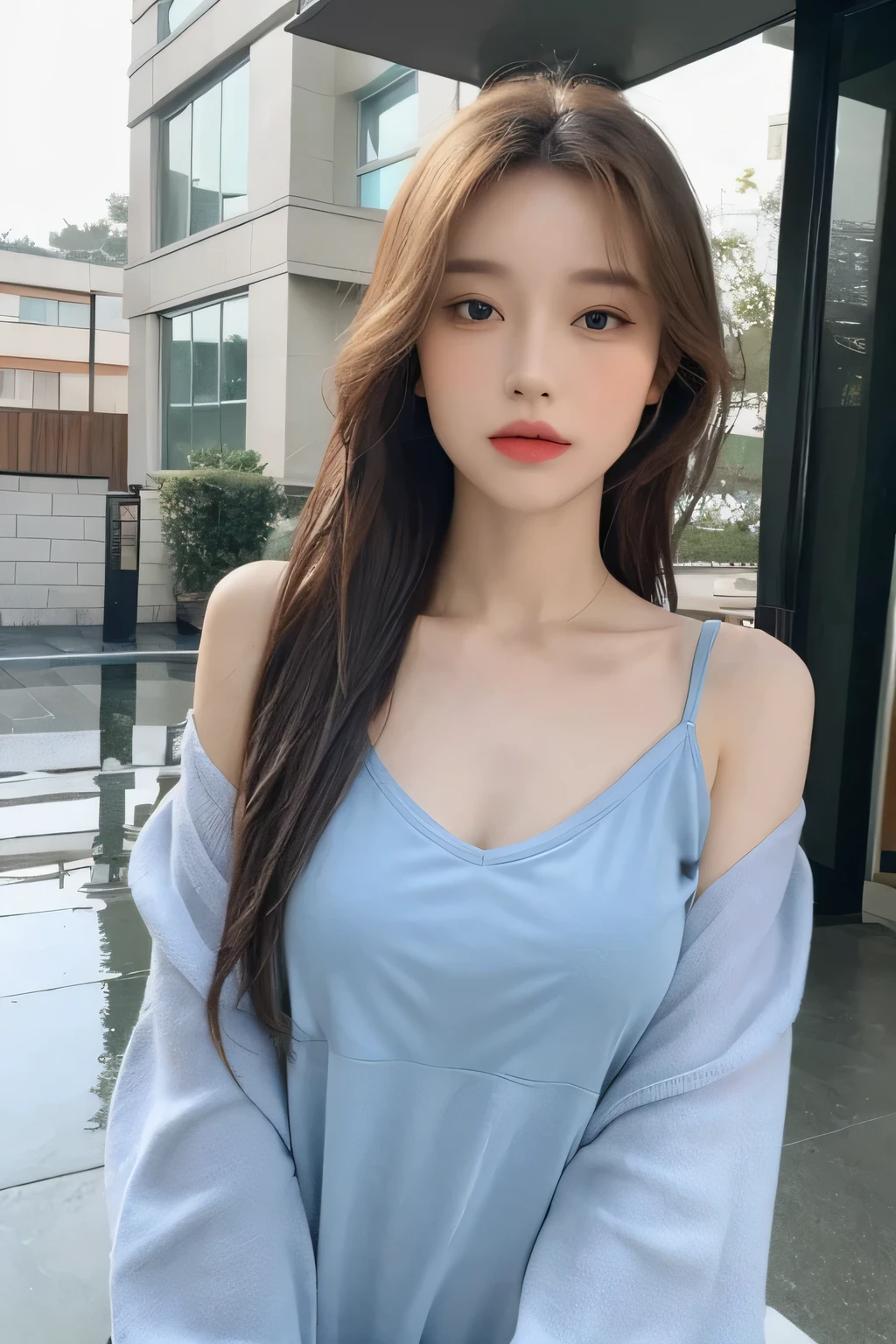 ((best quality, 8K, masterpiece:1.3)), Focus: 1.2, Perfect body beauty: 1.4, fashionable: 1.2, ((Layered Hairstyle, Chest: 1.2)), (Wet clothes: 1.1), (rain, distance:1.3), Tube Top Dress: 1.1, Highly detailed face and skin texture, Good eyes, Double eyelids, Skin Whitening, Long hair, (Residence: 1.3), lol, whole body, (whole body), ((whole body)), whole body이 보이는 뷰, whole body, casual shoes, 