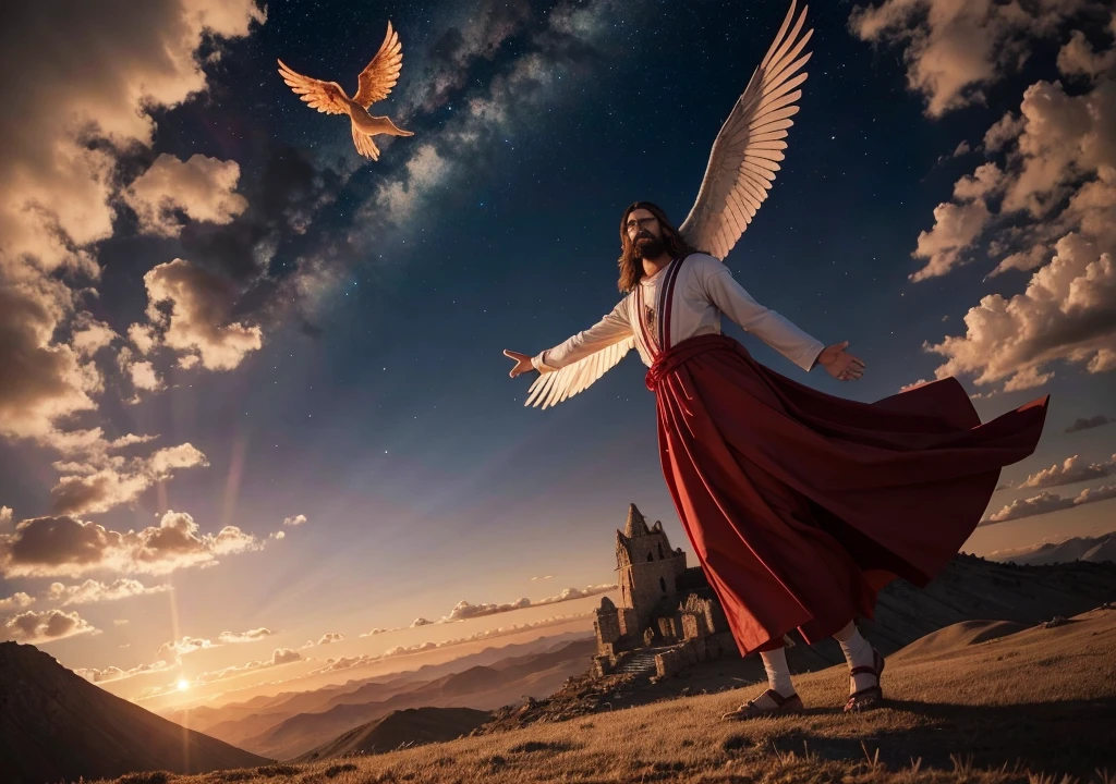 Central figure Jesus Christ in biblical period clothing, with arms outstretched, fending off winged creatures that fly out of possessed pigs with glowing red eyes, in an outdoor setting with mountains in the background and dramatic celestial light illuminating the scene