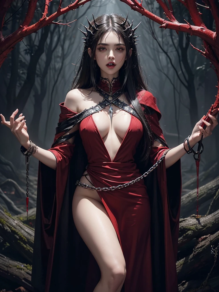 make a picture, gothic male figure, wearing a red black robe, the cavity in the mouth is wide open, showing sharp teeth,
The hand holds a red heirloom ax filled with dripping red liquid, wide open body cavity showing teeth_sharp teeth and a long tongue with red liquid inside,
tattooed on hands and feet, stand,
Very large sharp spiked fractal chains wrap around the body, Wild mystical feel, Other mysterious dark elements such as light smoke and thorns are also present in this image. This image has a strong theme and is full of mysticism.
latarbelakang
gambar ini adalah dalam hutan gothic scary,
the curled, thorny branches of an old tree, scary,Gothic feel