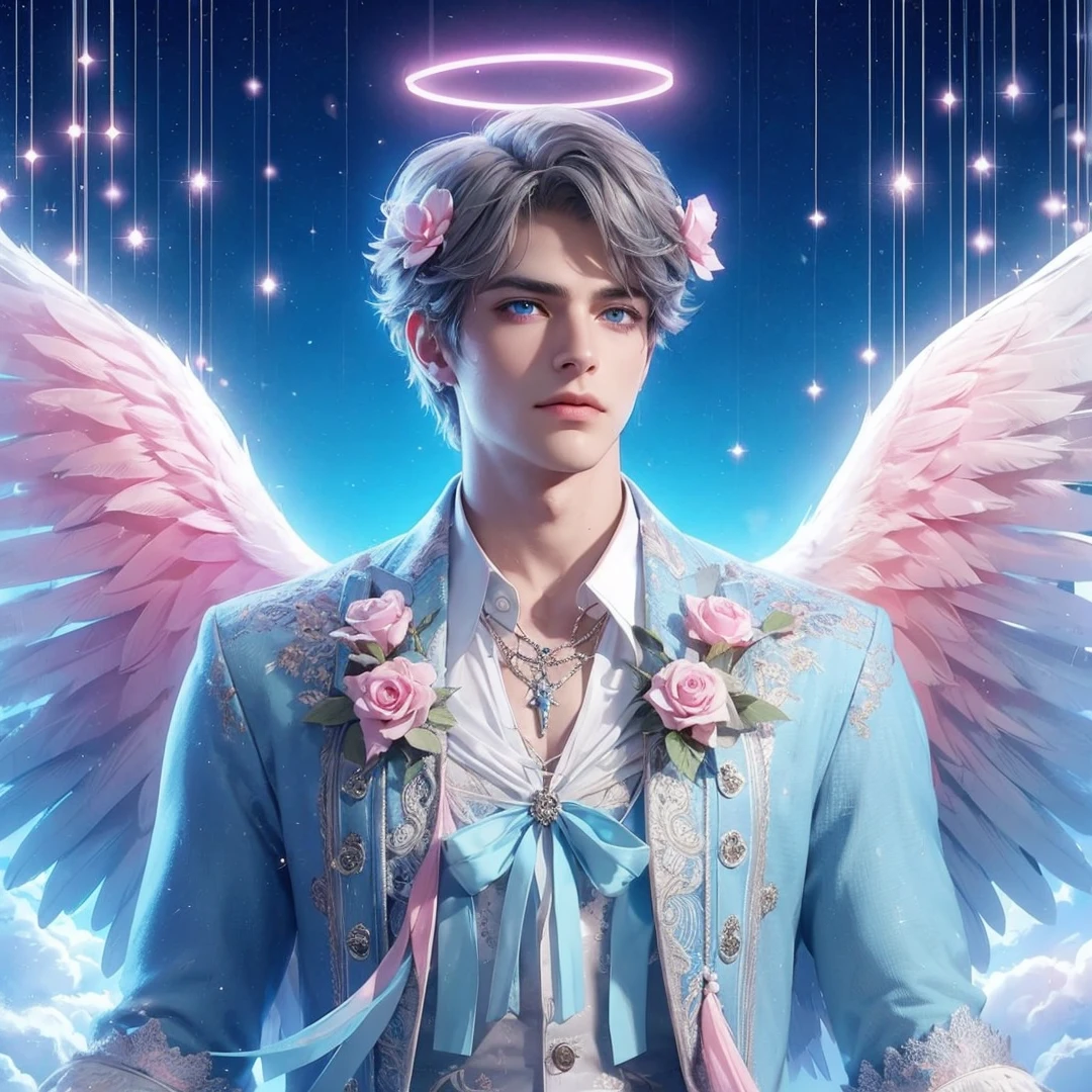 Handsome boy, gray hair, blue eyes, blue and pink wings
