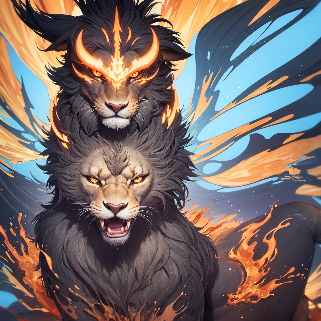 Professional graphic design flat vector art, lion turns right, exudes aggression with clean lines and sharp geometric shapes, highlighting modern and futuristic vector art style. Its fur, a stunning mosaic of blues and fiery oranges, shimmers with an otherworldly luster, while its piercing eyes glow like molten lava. The overall aesthetic is bold, vibrant and cinematic, evoking a sense of dynamism and rebirth, as if a lion were about to take flight, exuding powerful energy and unfurling power.