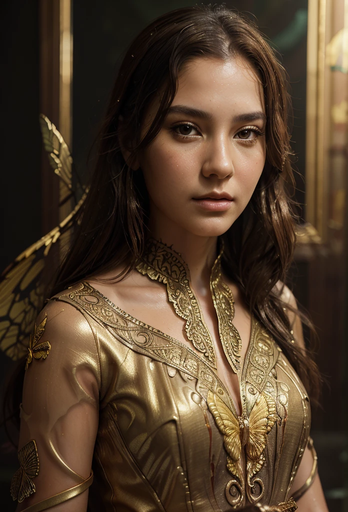8k portrait of beautiful young woman with brown hair, intricate dress, elegant, highly detailed, majestic, digital photography, art by artgerm ran jia and greg
rutkowski surreal wet paint gold butterfly filigree, broken glass
