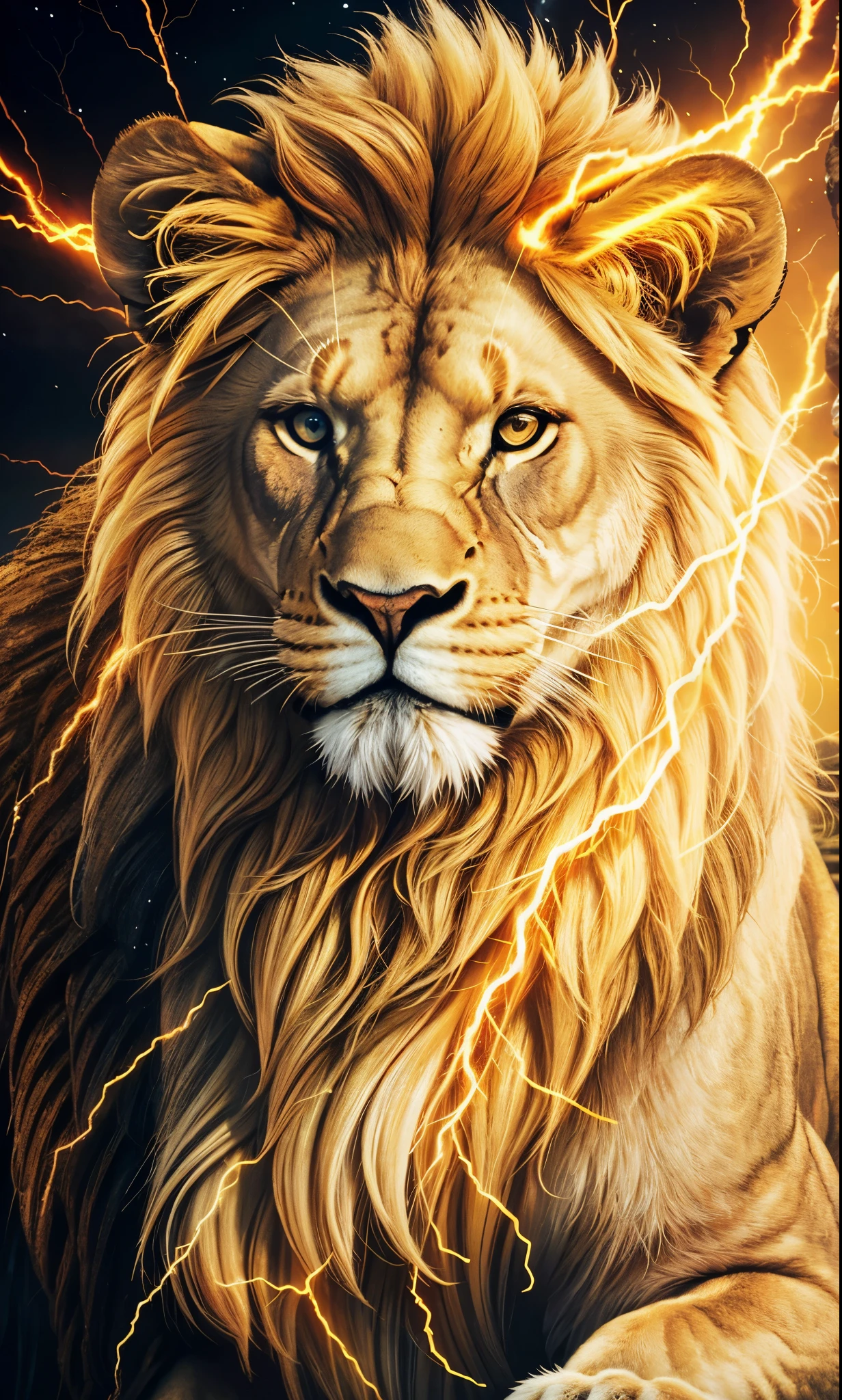 Lion, Divine Lion, naturals, thunder, Realistic Lion, rey, realistic detailed, Sunset light, sky, Sol noturno, realistic detailed 16K, Eletricidade Detalhada 8K, Darkness Background, Texturas realistas de 8K, Cores photorrealistic 8K, fire azul, realistic detailed Fire Bolt, sky Light Detailed, Power of thunder, Realistic Divine, gold color, Divine gold, Golden light, naturey, Linda, Rendering, photorrealistic, UltraHigh definition, 4K, detailed textures, thunder, detailed shadows, detailed colors, neon blue, blue light, lightning strikes, blue power, naturey Linda, Great Divine, peaceful face, naturalss, lightning strike, Electric Power Screw, detailed contrast, realistic contrast, high resolution, detailed colors, fire, villany, divine creature, 8K FullHD, realistic detailed, 16K, 8K, High definition, detailed contrast, realistic contrast, high resolution, detailed colors, fire, villany, divine creature, 8K Realistic Lion Face, realistic detailed, chic, elegance