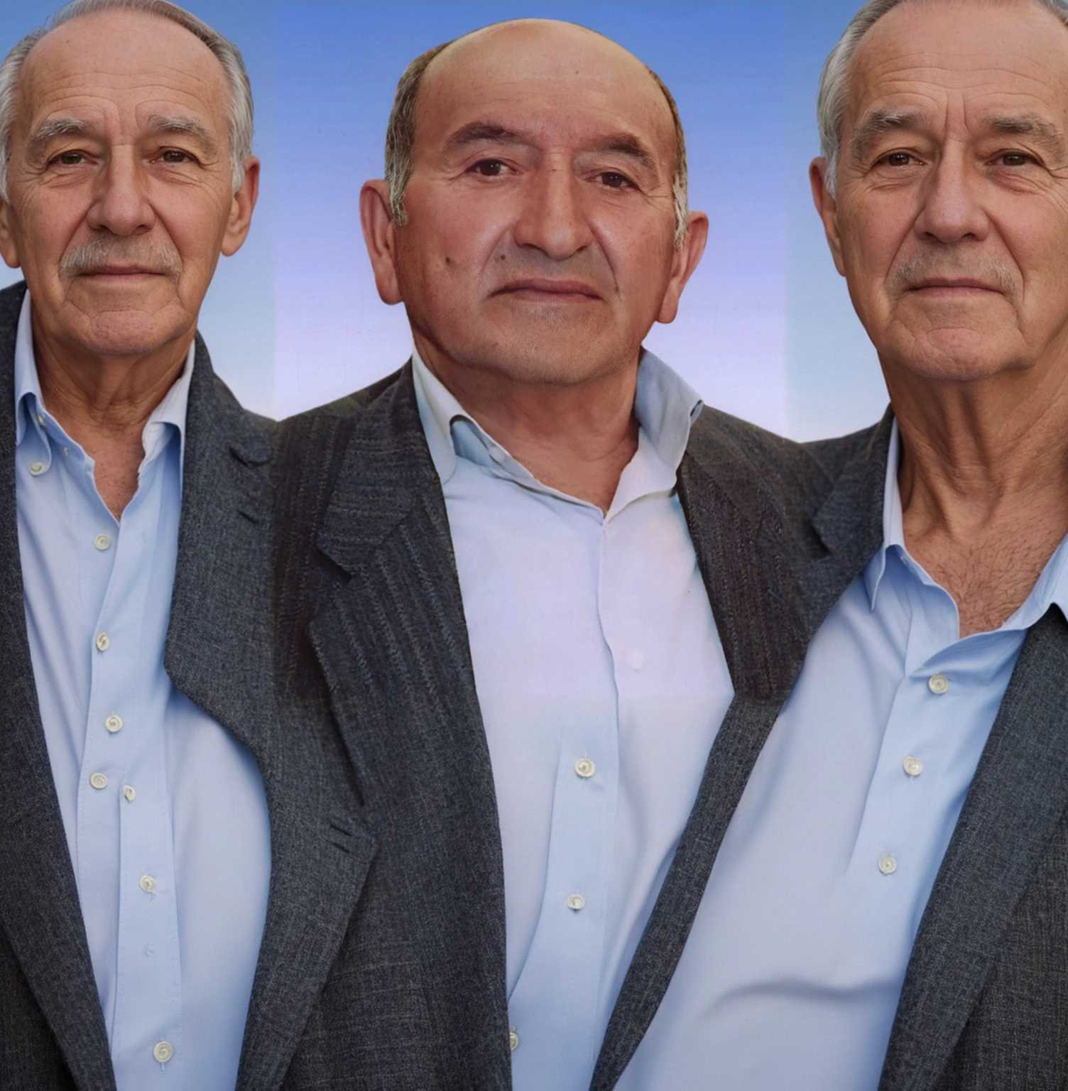 Elderly man in a jacket and shirt, sky background