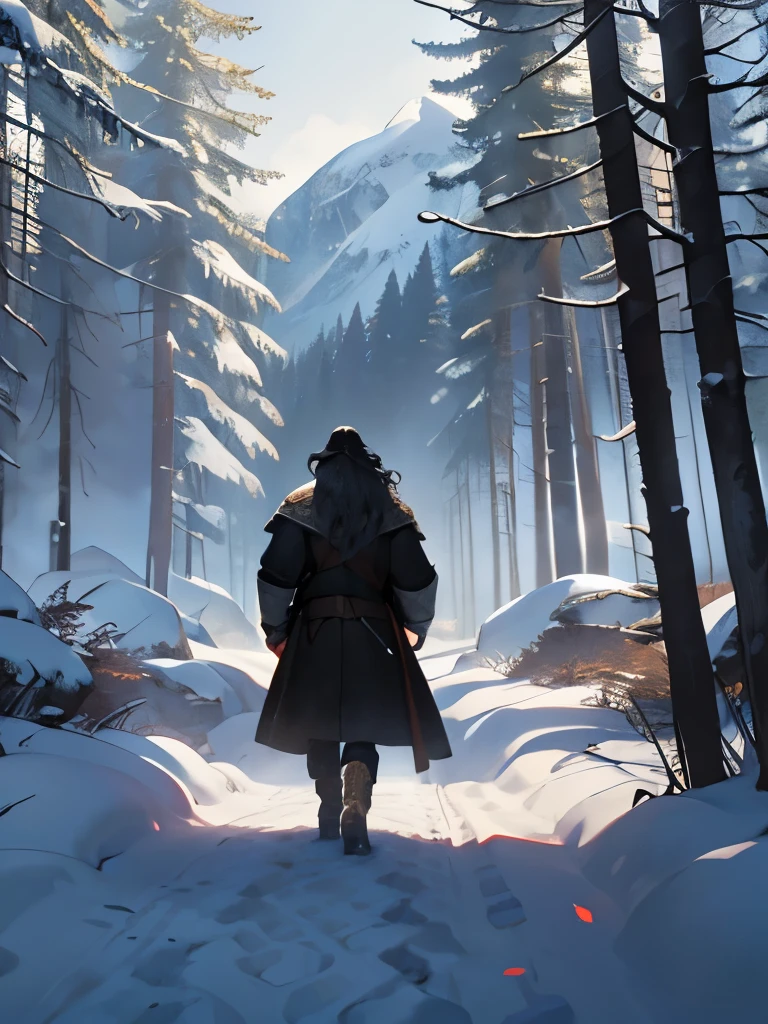 A man in medieval times in a snowy forest setting has long wavy hair and a beard that is not long but covers his face wearing a dark leather overcoat, he is walking in the snow in the scene we see him with his back turned towards a mountain