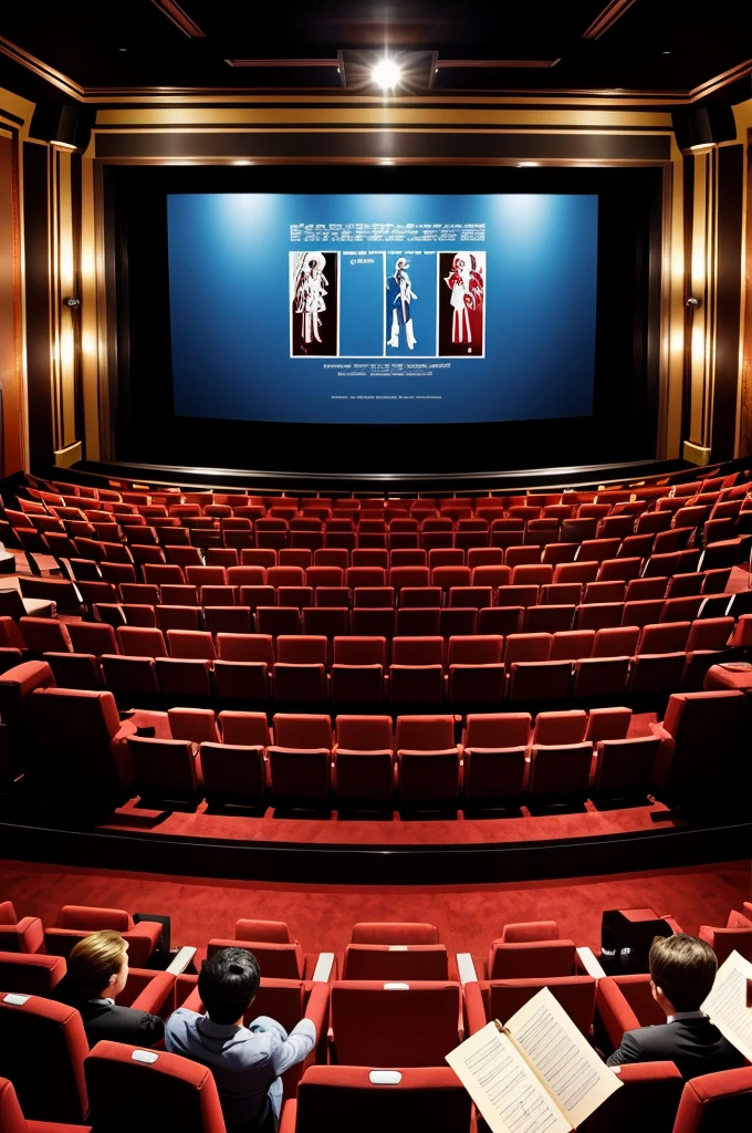Draw a theater in which the spectators and the theater see each other, in front with actors, doing some work and the drawing is a cartoon or anime