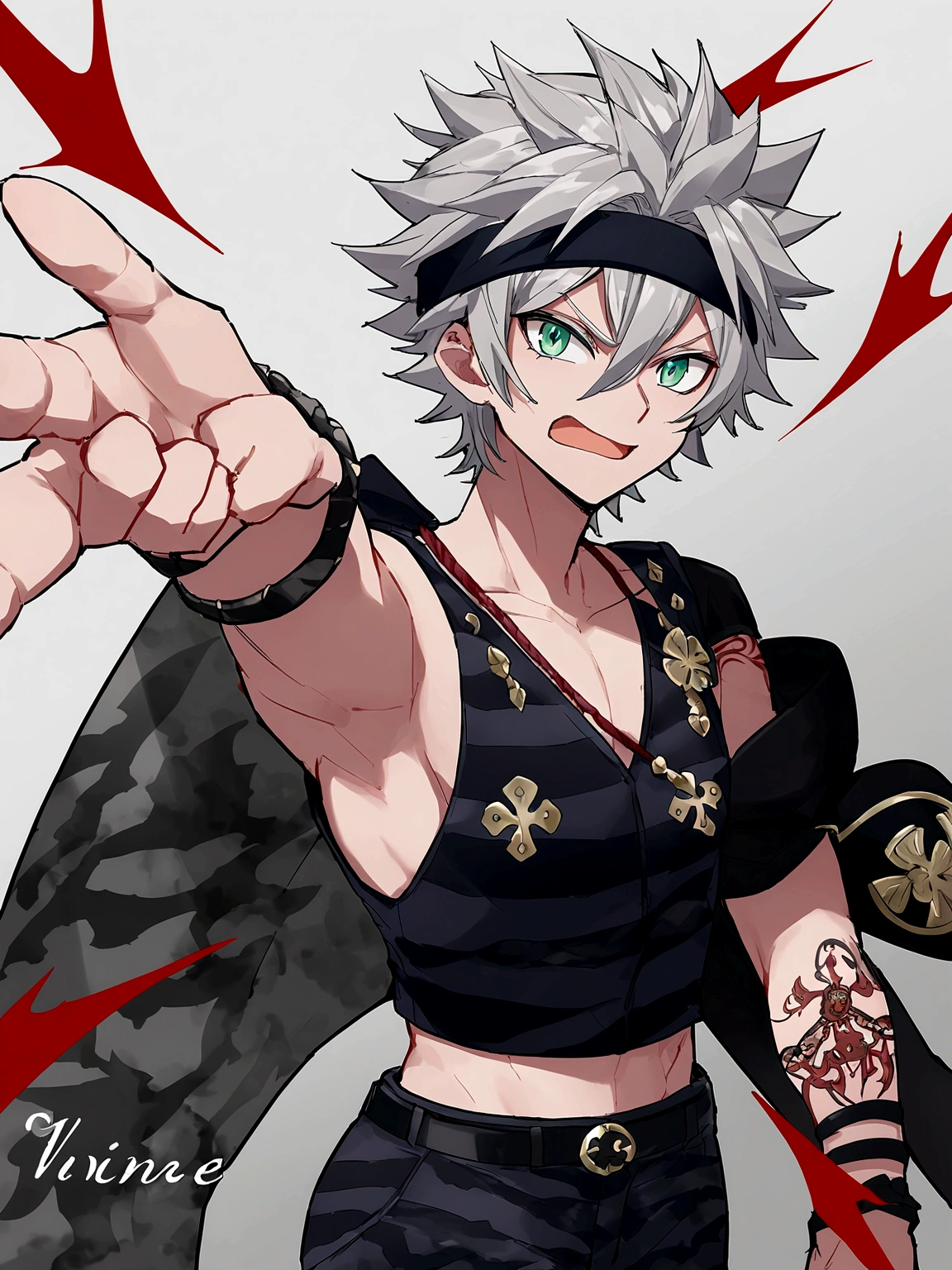 A 19 year old boy, To stay (black clover), spiky hair, messy hair, hair between the eyes, light gray hair, for white, green eyes, black headband, thin arms, upset expression, Un chaleco blue suit with stripes, Una camisa de vestir azul claro con las mangas arremangadas hTo stay los codos., Pants matching the vest.., blue suit with stripes, He wears a watch on his left wrist.., many tattoos on the forearms, elegant and casual clothing, epic hike, blood on more hands, alone, black background