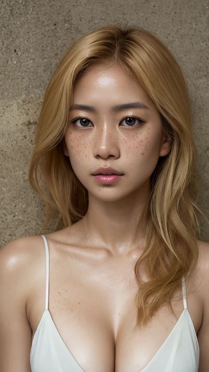 realistic:1.2 , Phillipines Thailand mixed woman , sinister, award winning photo, best quality, masterpiece, upper body, woman, freckled face, windblown blonde hair, emerald eyes, minimalist transparent short clothes , damp, cleavage , detail skin texture , perfect sexy figure , anatomically correct 