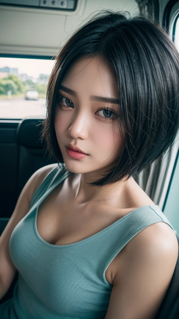 ((High quality, 8k, perfect quality, realistic)), beautiful, ((black and cyan hair color, short hair)), bedroom , selfie, staring out of the bus window, ((Indonesia)), adult, Indonesian region, ((realistic, facial texture))