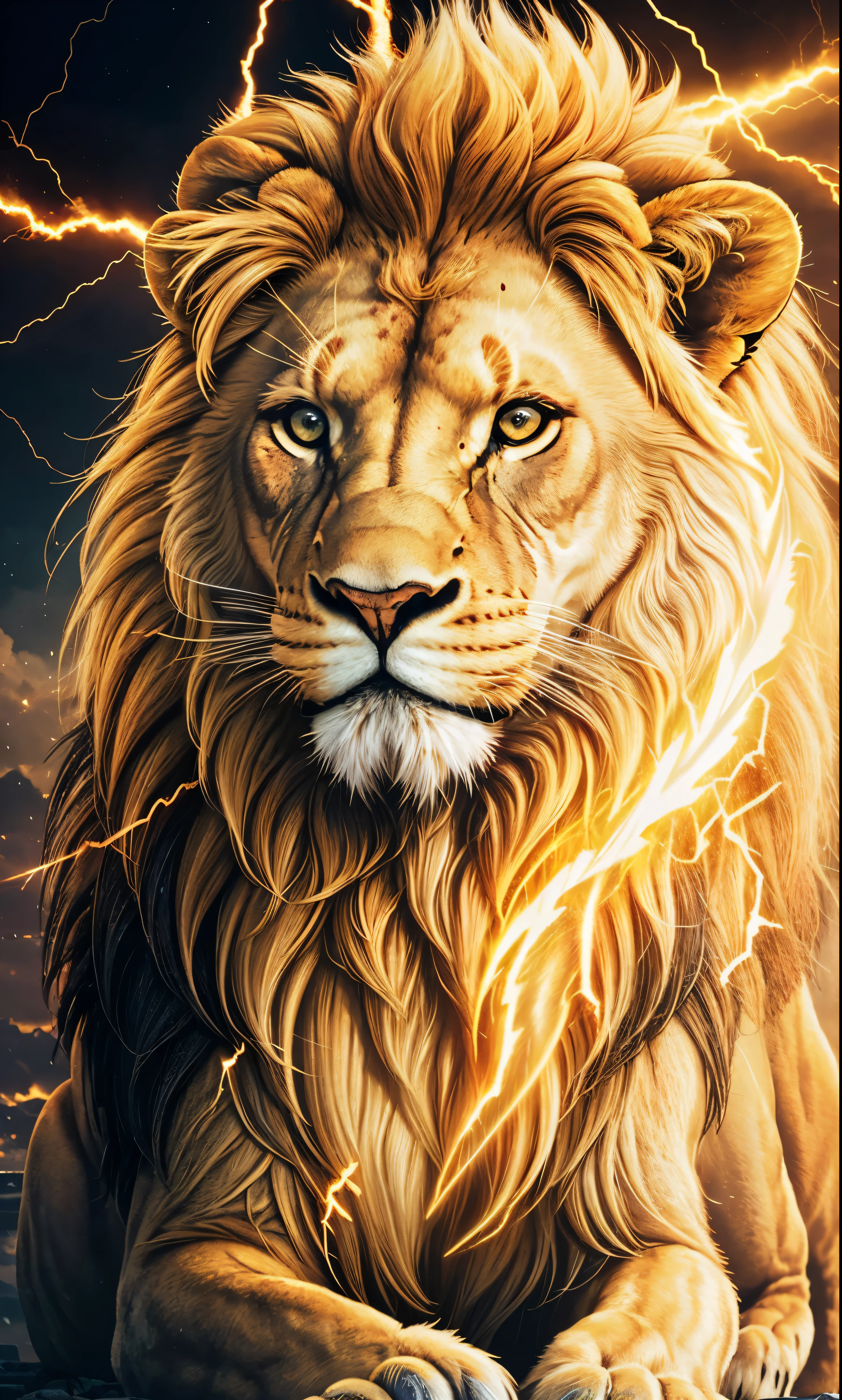 Lion, Divine Lion, naturals, thunder, Realistic Lion, rey, realistic detailed, Sunset light, sky, Sol noturno, realistic detailed 16K, Eletricidade Detalhada 8K, Darkness Background, Texturas realistas de 8K, Cores photorrealistic 8K, fire azul, realistic detailed Fire Bolt, sky Light Detailed, Power of thunder, Realistic Divine, gold color, Divine gold, Golden light, naturey, Linda, Rendering, photorrealistic, UltraHigh definition, 4K, detailed textures, thunder, detailed shadows, detailed colors, neon blue, blue light, lightning strikes, blue power, naturey Linda, Great Divine, peaceful face, naturalss, lightning strike, Electric Power Screw, detailed contrast, realistic contrast, high resolution, detailed colors, fire, villany, divine creature, 8K FullHD, realistic detailed, 16K, 8K, High definition, detailed contrast, realistic contrast, high resolution, detailed colors, fire, villany, divine creature, 8K Realistic Lion Face, realistic detailed, chic, elegance