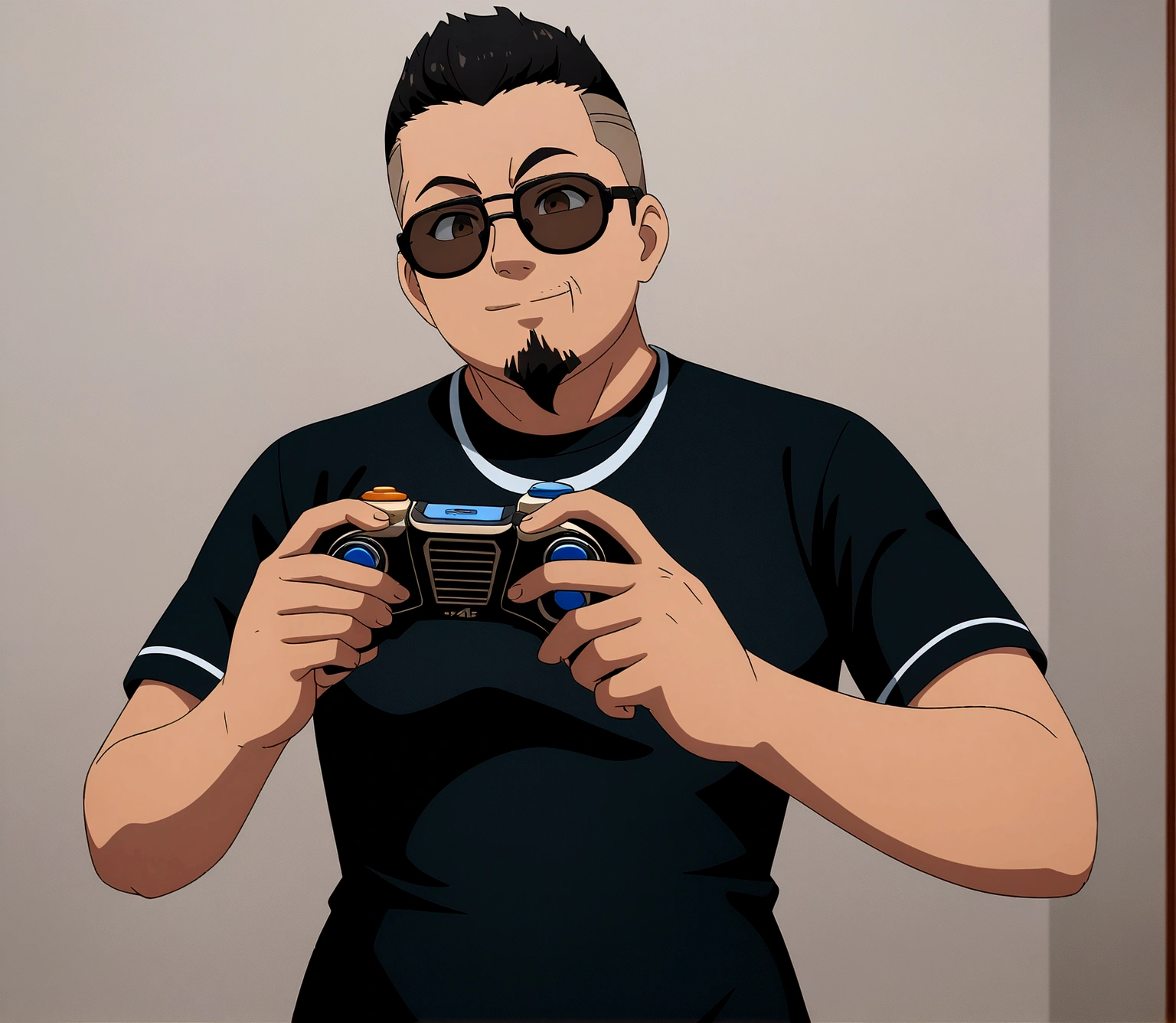 Dark-skinned man in black jacket and sunglasses standing on the street, undercut haircut, Bblack hair, holding a controller, with a goatee full of hair, natta, anime 8K foda, anime wallpaper 4k, 4K anime-style, 8K anime art wallpaper, anime wallpaper 4k, anime wallpaper 4k, 4K cartoon wallpaper, best anime 4K Konachan Wallpaper Konachan Wallpaper 4K, 4K anime art wallpaper, 4K anime art wallpaper