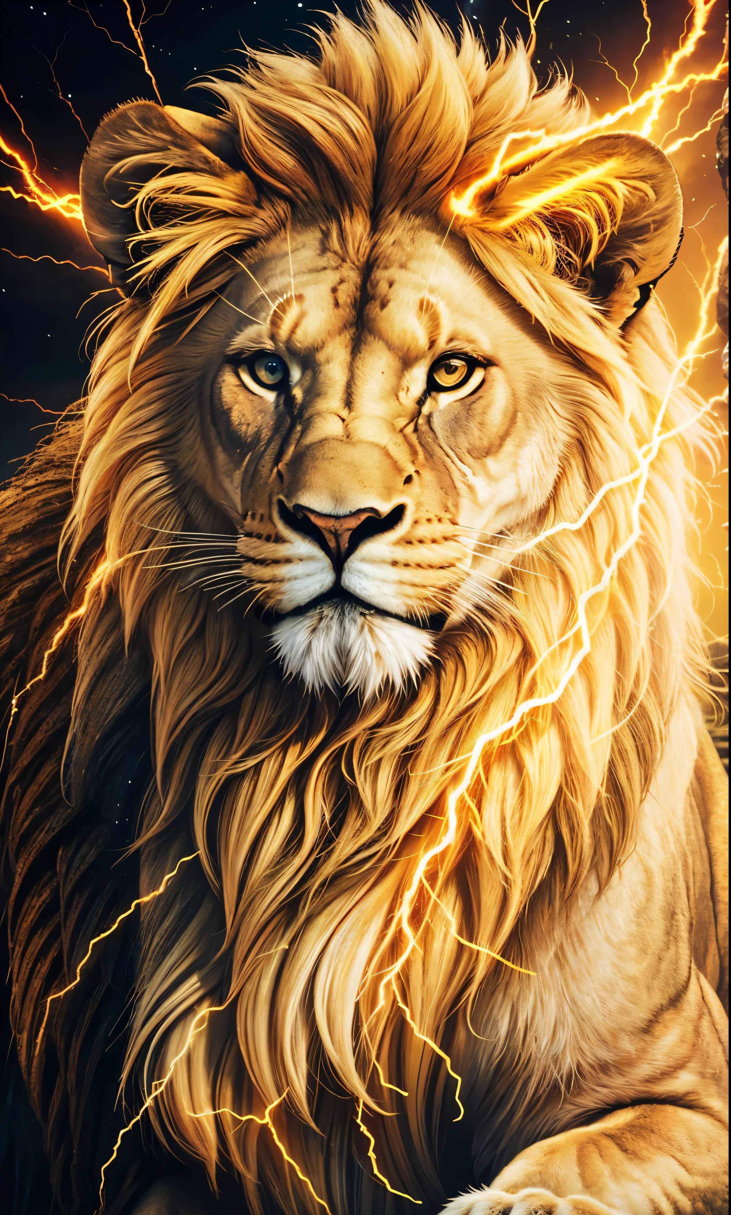 Lion, Divine Lion, naturals, thunder, Realistic Lion, rey, realistic detailed, Sunset light, sky, Sol noturno, realistic detailed 16K, Eletricidade Detalhada 8K, Darkness Background, Texturas realistas de 8K, Cores photorrealistic 8K, fire azul, realistic detailed Fire Bolt, sky Light Detailed, Power of thunder, Realistic Divine, gold color, Divine gold, Golden light, naturey, Linda, Rendering, photorrealistic, UltraHigh definition, 4K, detailed textures, thunder, detailed shadows, detailed colors, neon blue, blue light, lightning strikes, blue power, naturey Linda, Great Divine, peaceful face, naturalss, lightning strike, Electric Power Screw, detailed contrast, realistic contrast, high resolution, detailed colors, fire, villany, divine creature, 8K FullHD, realistic detailed, 16K, 8K, High definition, detailed contrast, realistic contrast, high resolution, detailed colors, fire, villany, divine creature, 8K Realistic Lion Face, realistic detailed, chic, elegance