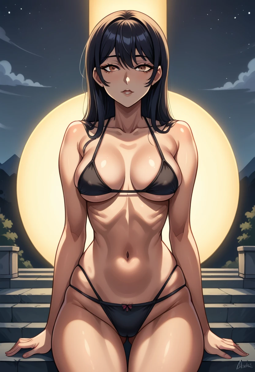 A beautiful woman in gyaru makeup wearing  on the bustling streets of Gintama, surrounded by vendors, beautiful portrait of a stunning goddess girl, beautiful detailed face, porcelain skin, half body shot, centered,(black hai,navel:1.2),((moonlight,night,big neons,strong neon lighting,rim lighting,two tone lighting))),