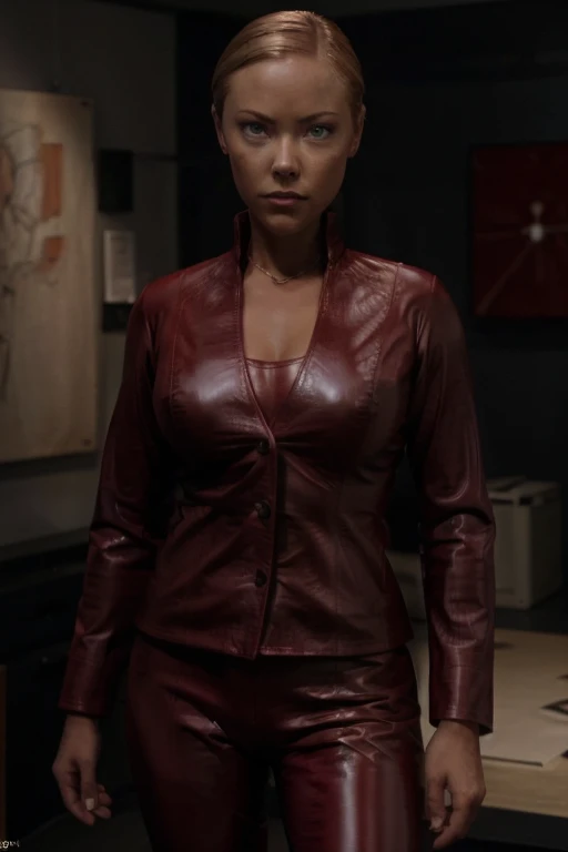 as Kristanna Loken T-X, Kristann Loken face, ultra-detailed, realistic, realistic face, perfect face, perfect nose, detailed hair, blond collected office hairstyle, detailed eyes, (best quality), in bedroom, masterpiece, ultra-detailed, uhd, high resolution, (rim lighting:1.2), two tone lighting, hyperdetailed,front vision,small face, (artstation:1.4), cinematic, dramatic light, big eyes,(red leather latex jacket), (red leather latex leggings), black high heel shoes,standing,