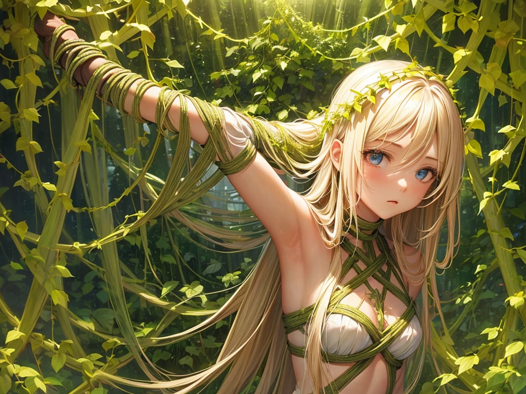 (depict girl surrounded by vines, long blond hair, straight hair), forest, small breasts, shy, (((bondage))), (((gaged with vines))), (bound with natural vines), (arms behind back), plants vines around chest), (Masterpiece, Excellent, complex details),  delicate girl, delicate face