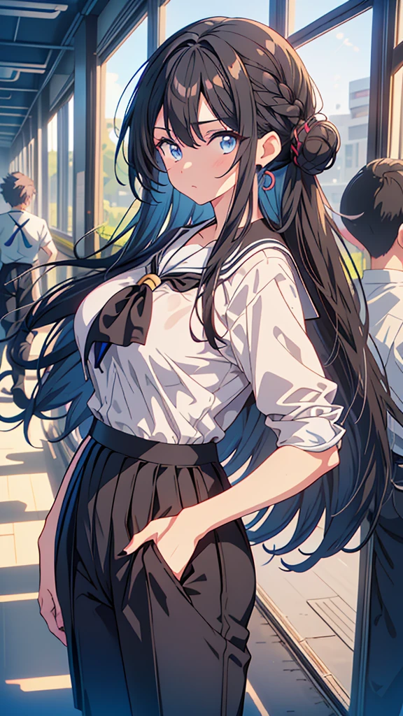 best quality, extremely detailed, anime style adult 1girl, long hair down to the waist, straight hair, ((dark black hair with bluish)),under bun,beautiful detailed eyes, pinched eyes, dark blue eyes, huge breasts,curvy,((((boys' school uniform)))),((((trousers)))),Clothes with a lot of cloth area,masculine attire,handsome,((school corridor))