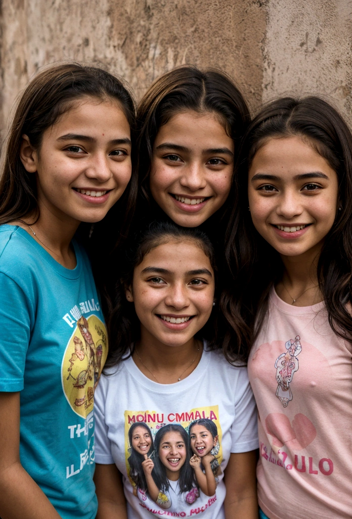 photoreal portrait of 3 happy girls in Comuna 13, medellin, colombia, t-shirts