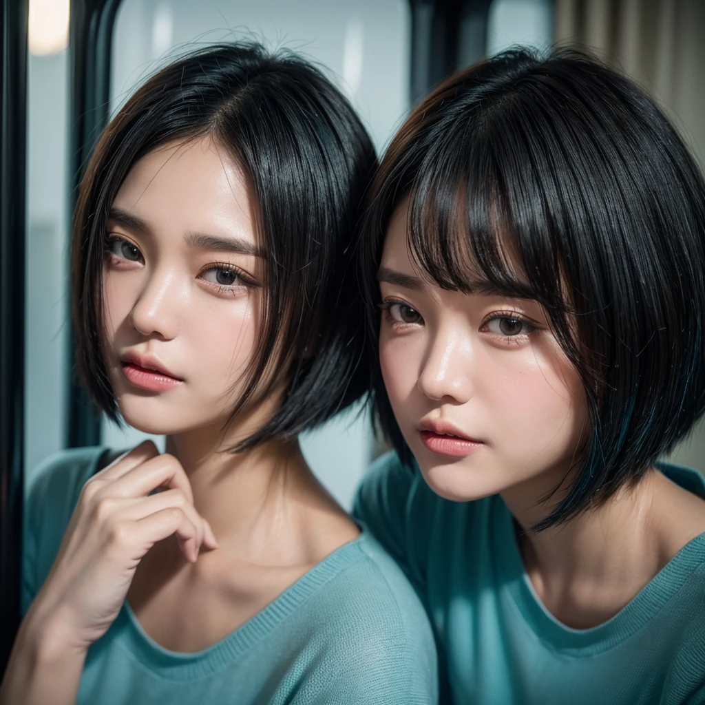 ((High quality, 8k, perfect quality, realistic)), beautiful, ((black and cyan hair color, short hair)), bedroom , selfie, staring out of the bus window, ((Indonesia)), adult, Indonesian region, ((realistic, facial texture))