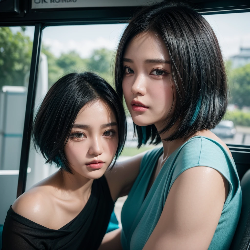 ((High quality, 8k, perfect quality, realistic)), beautiful, ((black and cyan hair color, short hair)), sitting inside the bus, journey back home, sad face, staring out of the bus window, ((Indonesia)), adult, Indonesian region, ((realistic, facial texture)) 