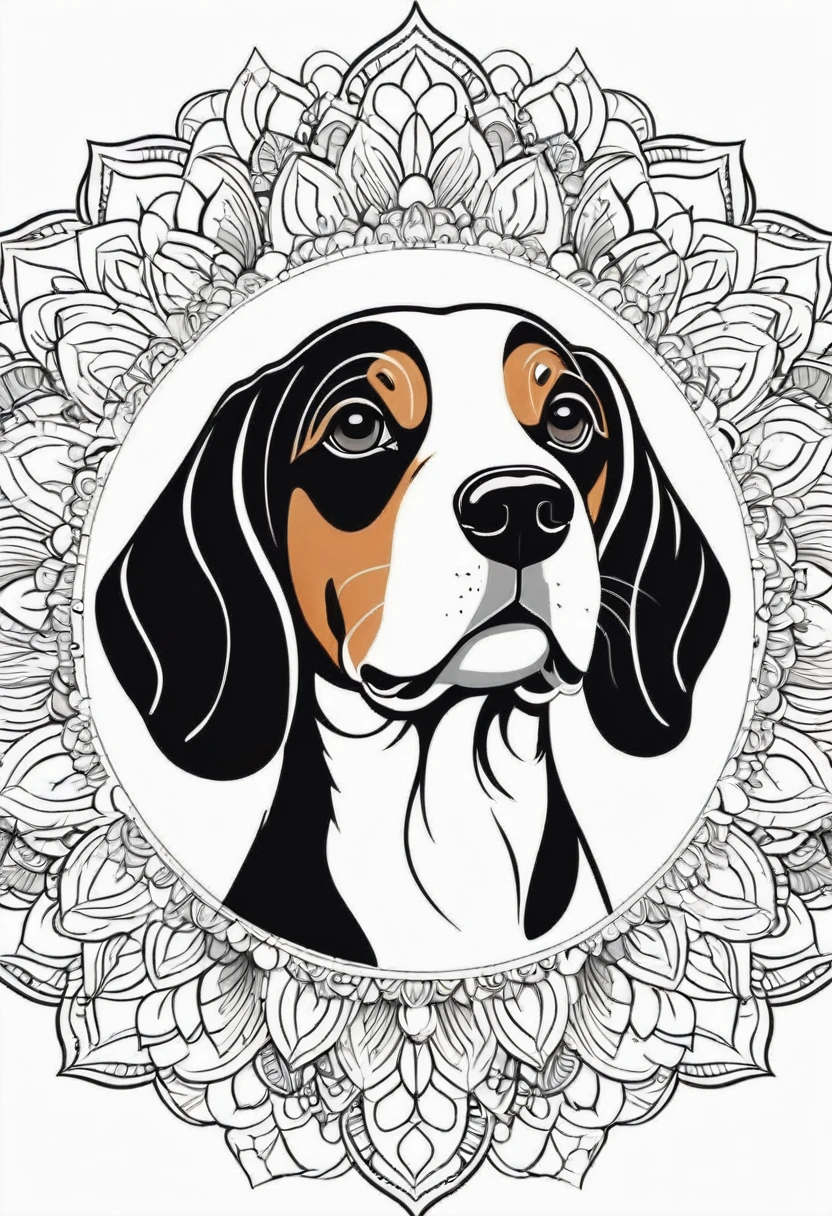 happy white and black Beagle, Simplified Mandala style, outline, vector, white background