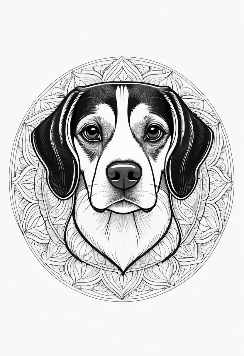 happy white and black Beagle, Simplified Mandala style, outline, vector, white background