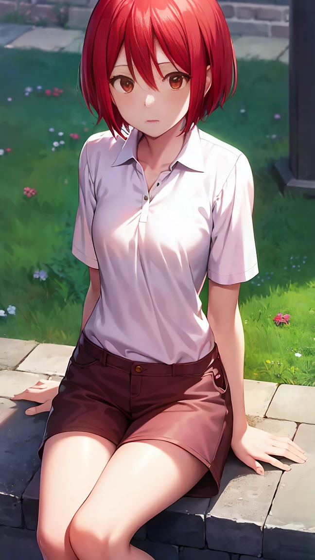 anime, red dark hair anime girl with short hair, anime visual of a cute girl, ethereal anime, beautiful anime girl, red eyes, anime best girl, pretty anime girl, clean detailed anime art, soft anime illustration, clear red eyes, cute natural anime face, flat chest, oversize polo shirt, perfect pose, perfect body shape, perfect hands, perfect leg, long pants, sit on cafe