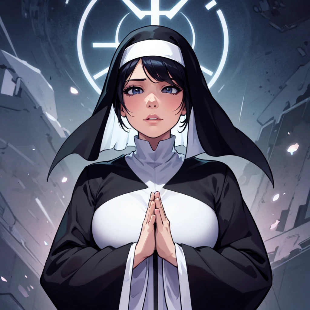 An anime-style lineart image of a standing nun praying with her hands together and bare feet.