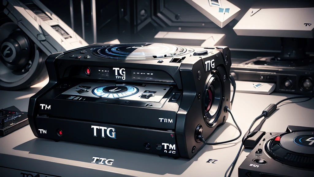 (DTG: 1.8), (DTG letters: 1.8), (Three letters: 1.8), DJ set, Music, cassette, CD Player, Futuristic device for music playing, Music reproducer, Lo-fi, writing, abstract, colorful, high resolution, high quality, neon colors, dark grey background, black grey grdient