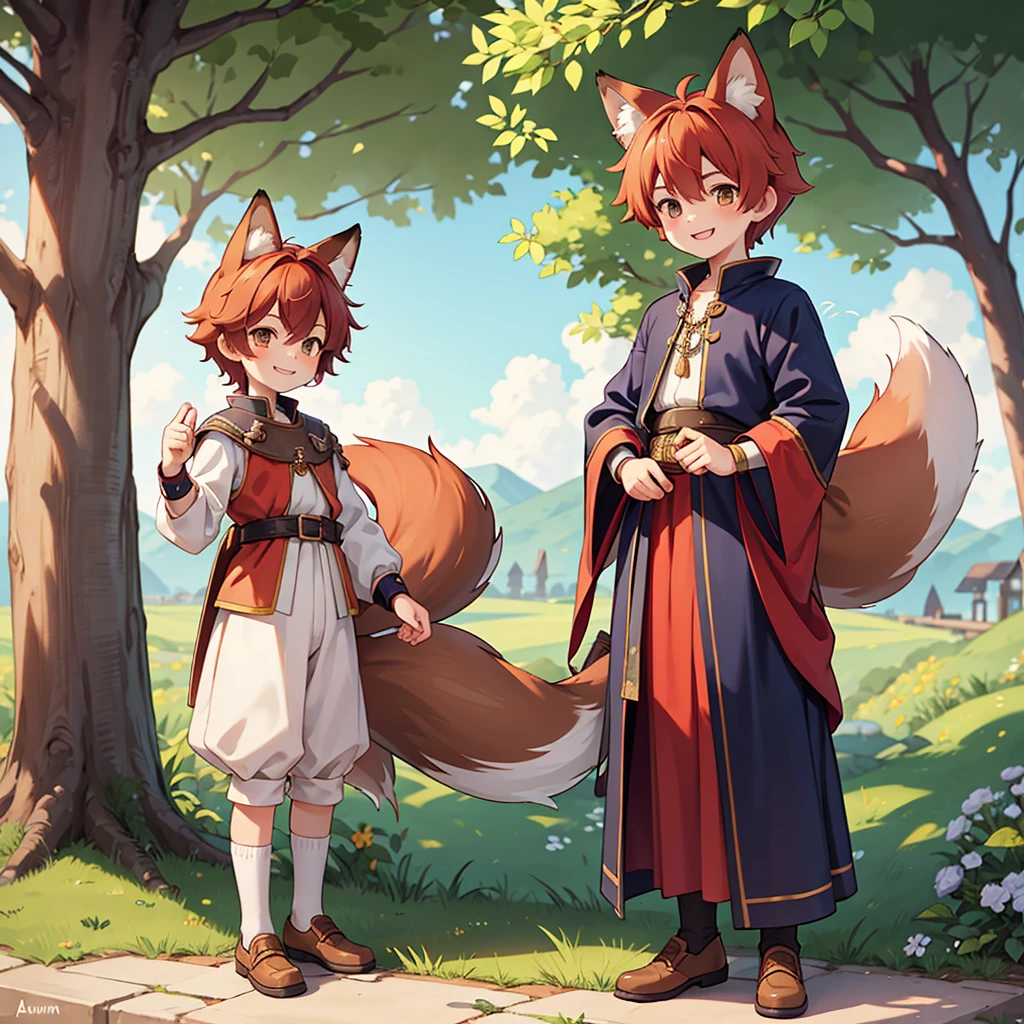 Beautiful, high quality, a 14 years old fox boy, full body, 1 boy, cute face, fox ears, auburn hair, looking at the camera, smiling, wearing a boy medieval style clothes, stand under a tree
