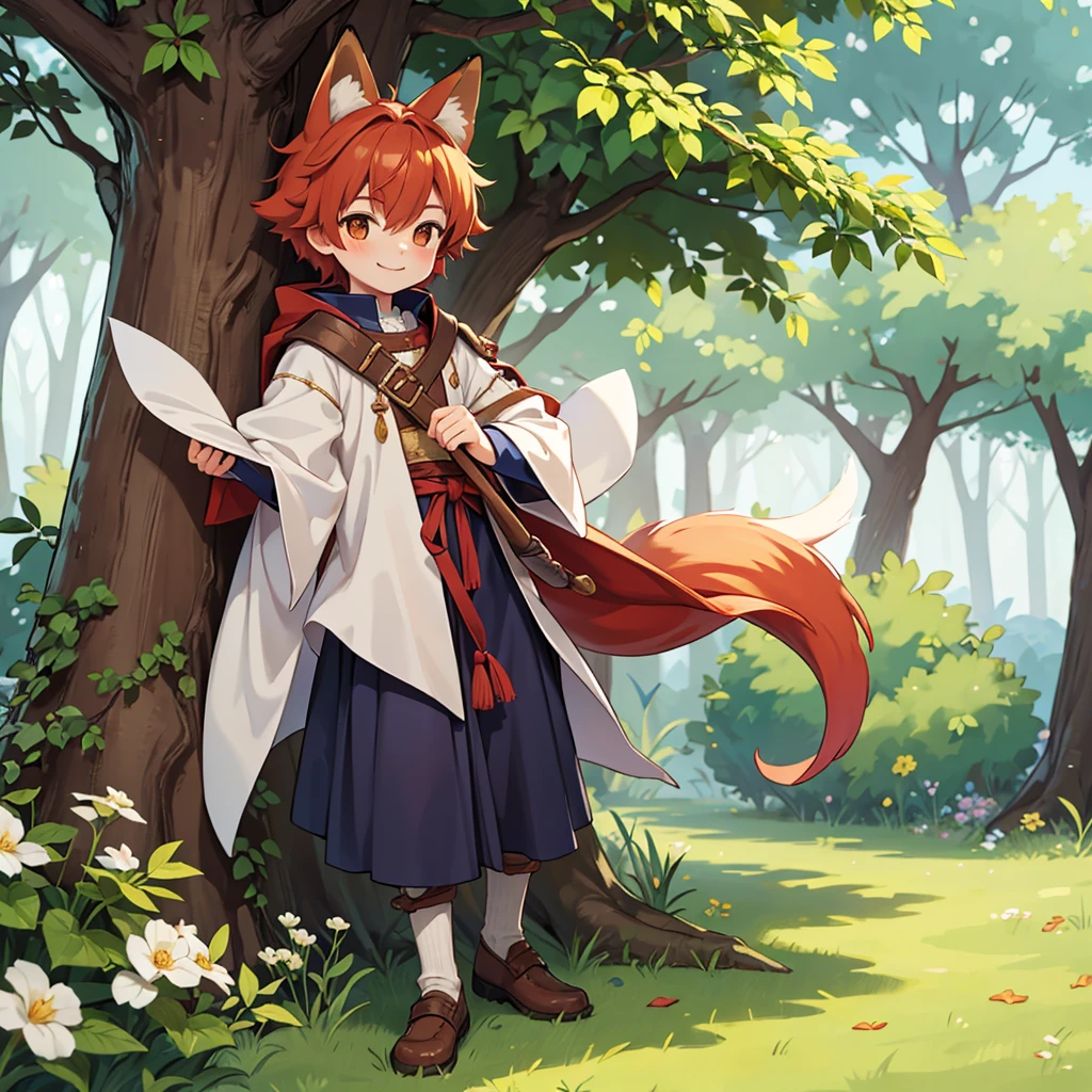 Beautiful, high quality, a 14 years old fox boy, full body, 1 boy, cute face, fox ears, auburn hair, looking at the camera, smiling, wearing a boy medieval style clothes, stand under a tree
