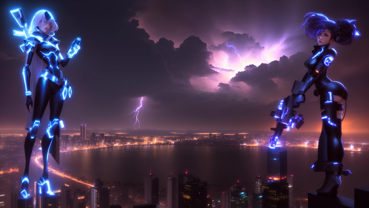 anime characters standing on a ledge overlooking a city at night, epic cinematic shot, epic vfx shot, vfx powers at night in the city, dramatic cinematic shot, dramatic sci-fi movie still, vfx shot, an epic scifi movie still, cinematic shot, cinematic image, cinematic lightning, cinematic medium shot, spectacular cinematic scene, cinematic epic shot, cinematic lightening, perfect girls, green-haired girl on the right, blue-hoodied girl on the left, two girls standing on roof