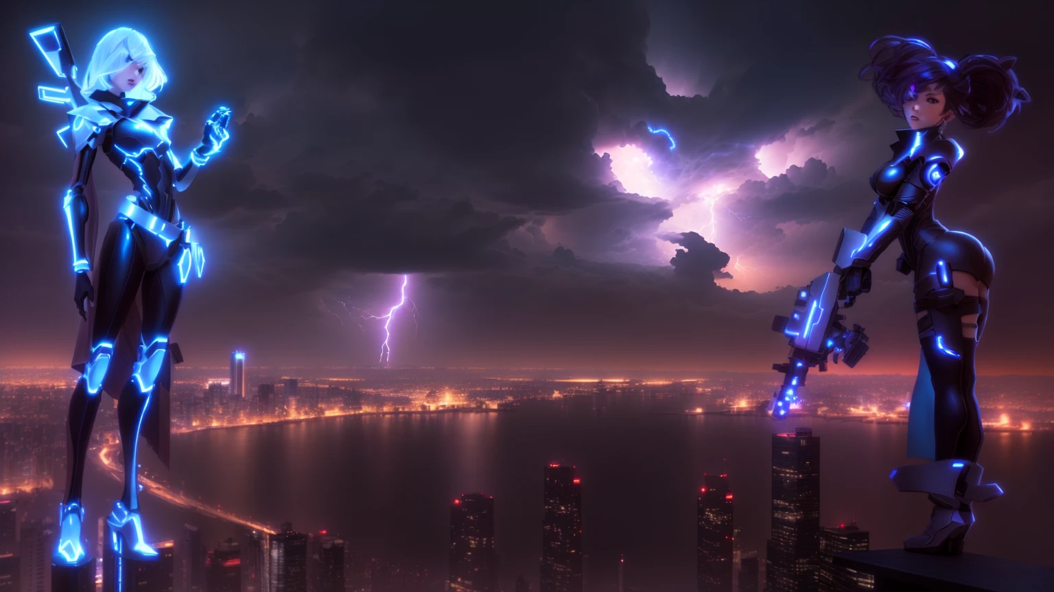 anime characters standing on a ledge overlooking a city at night, epic cinematic shot, epic vfx shot, vfx powers at night in the city, dramatic cinematic shot, dramatic sci-fi movie still, vfx shot, an epic scifi movie still, cinematic shot, cinematic image, cinematic lightning, cinematic medium shot, spectacular cinematic scene, cinematic epic shot, cinematic lightening